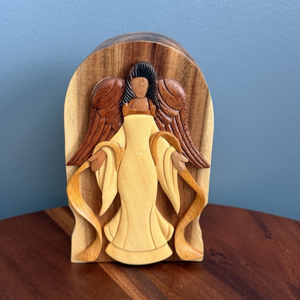 Carver Dan Angel Puzzle Box Hand Carved Wood Trinket Box Recycled 6" Handmade